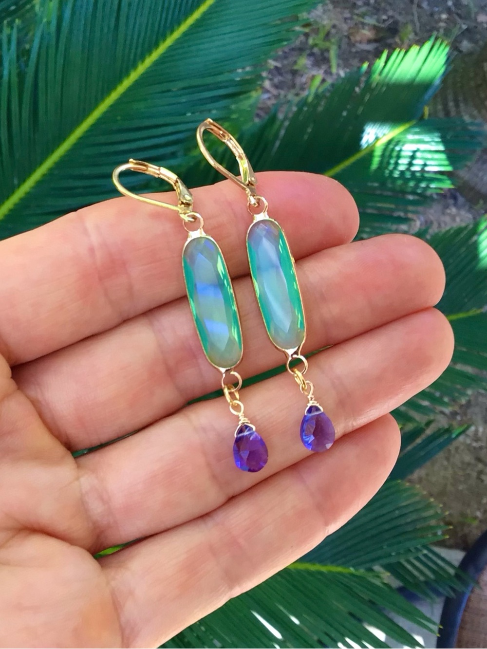 Blue mint chalcedony bezel tanzanite quartz gold plated Earrings - Picture 13 of 13